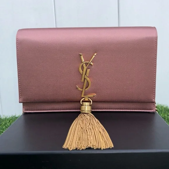 SAINT LAURENT KATE TASSEL CLUTCH ON CHAIN ROSE PINK SATIN GOLD HARDWARE NEW!